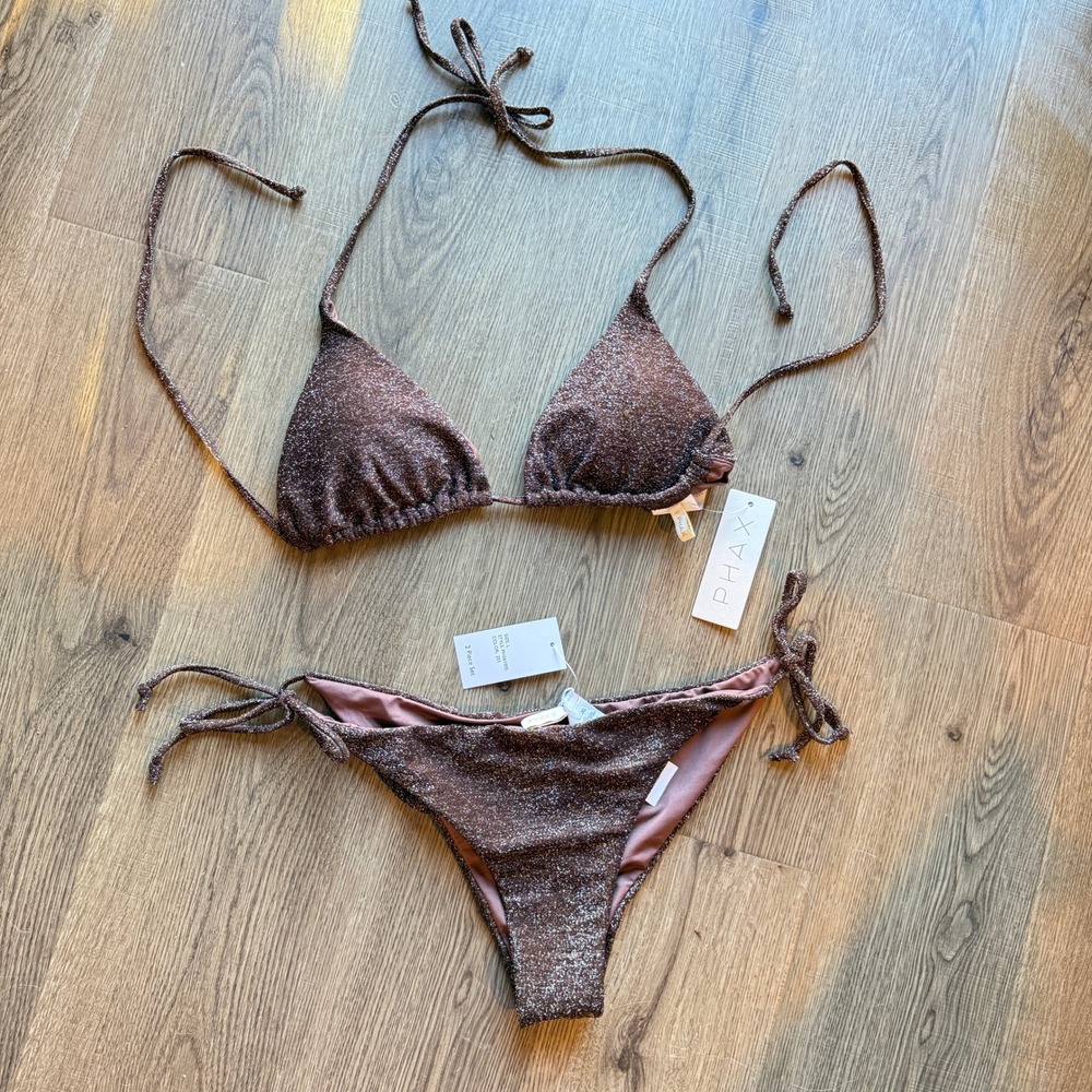 Phax Chocolate Brown Metallic Triangle Tie Side Cheeky Bikini Set‎ PH26100S L